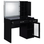 Coaster 930219 2 pc Flora black high gloss finish wood and clear glass top make up bedroom vanity set with light up LED mirror