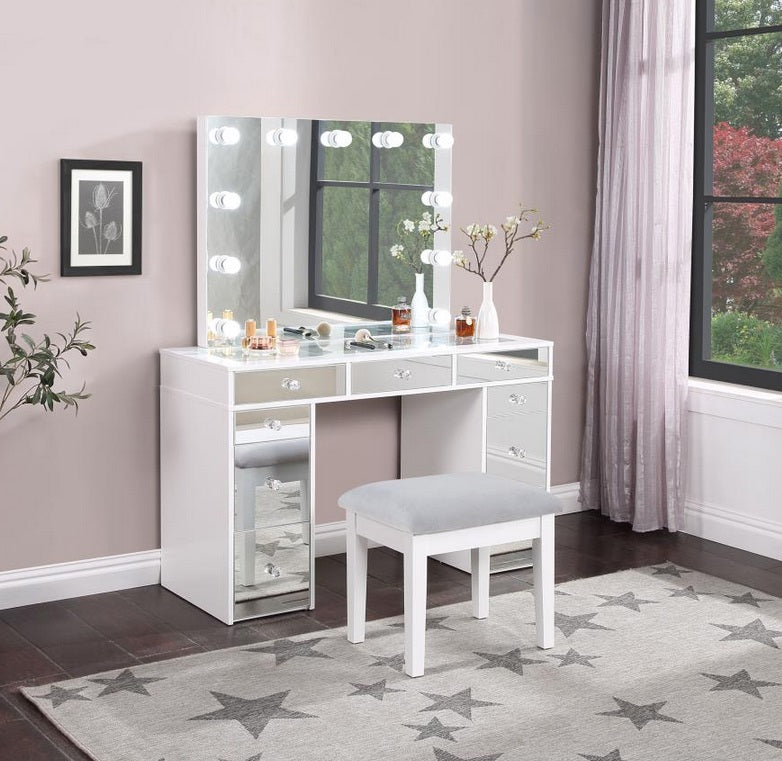 Coaster 930245 3 pc Latitude run regina white high gloss finish wood make up bedroom vanity set with light up mirror and stool