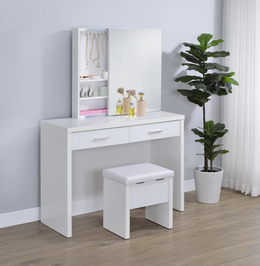 Bunbury White 2-Drawer Makeup Vanity Set with Mirror and Stool – 930280