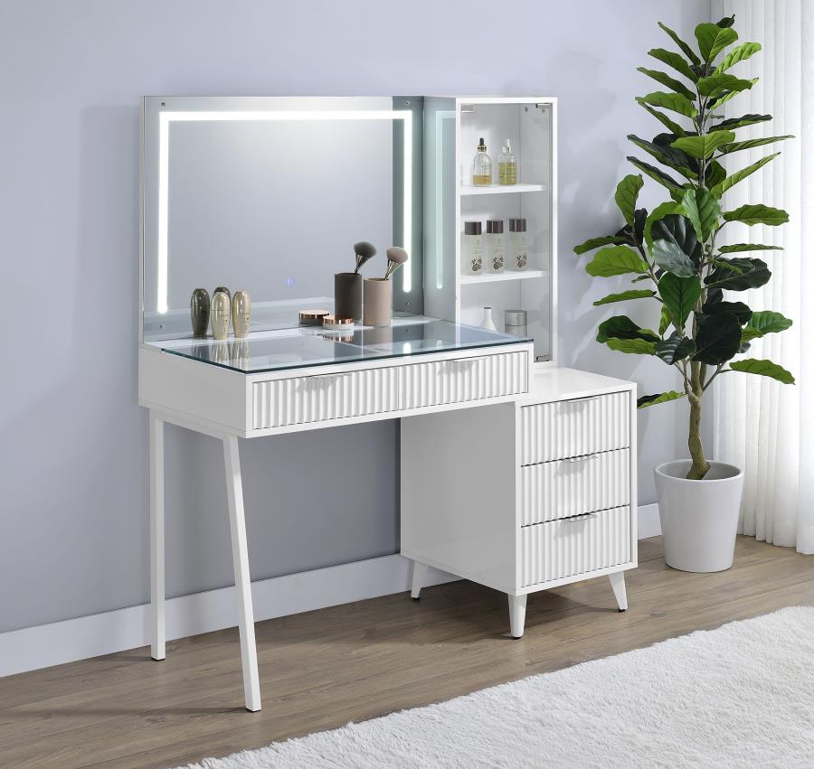 Souza White High Gloss 5-Drawer Makeup Vanity with LED Mirror – 930282