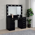 Coaster 931144 2 pc Acena black high gloss finish wood and clear glass top make up bedroom vanity set with light up mirror