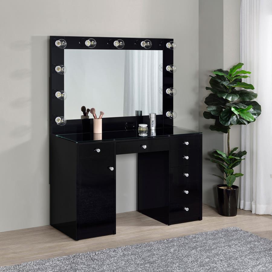 Coaster 931144 2 pc Acena black high gloss finish wood and clear glass top make up bedroom vanity set with light up mirror