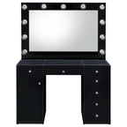 Coaster 931144 2 pc Acena black high gloss finish wood and clear glass top make up bedroom vanity set with light up mirror