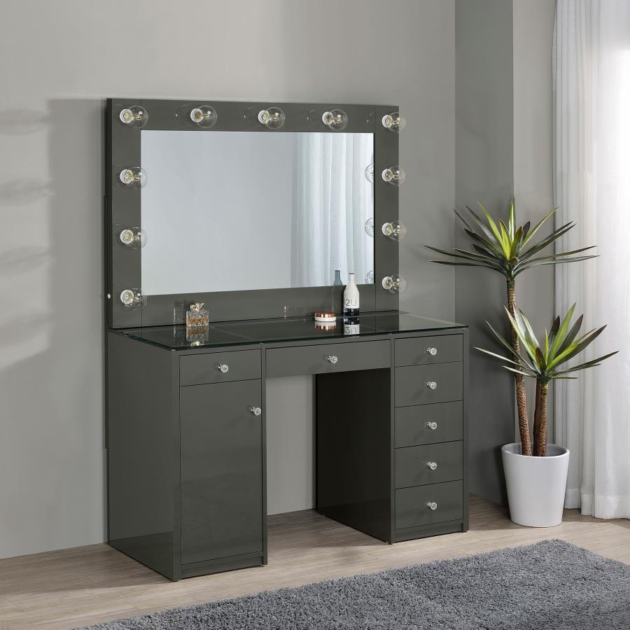 Coaster 931145 2 pc Acena grey high gloss finish wood and clear glass top make up bedroom vanity set with light up mirror