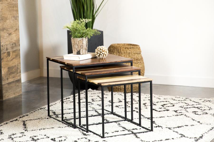 Coaster 931182 Carbon loft hinsdale 3 pc natural finish solid sheesham wood black frame nesting table set