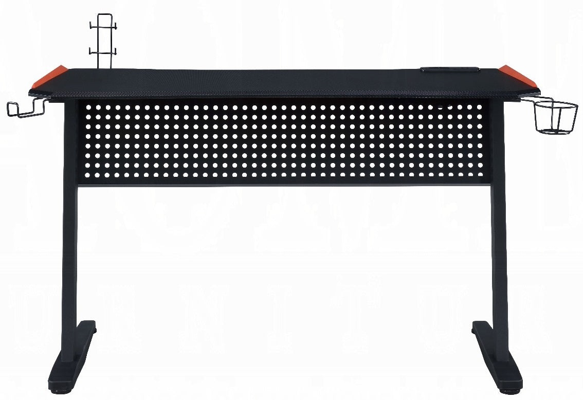 Acme 93125 Dragi black finish metal frame gaming desk table station with LED lights and USB ports and outlets built in
