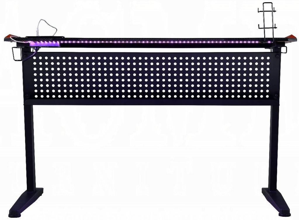 Acme 93125 Dragi black finish metal frame gaming desk table station with LED lights and USB ports and outlets built in