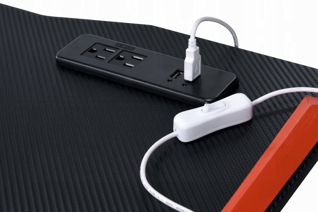 Acme 93125 Dragi black finish metal frame gaming desk table station with LED lights and USB ports and outlets built in