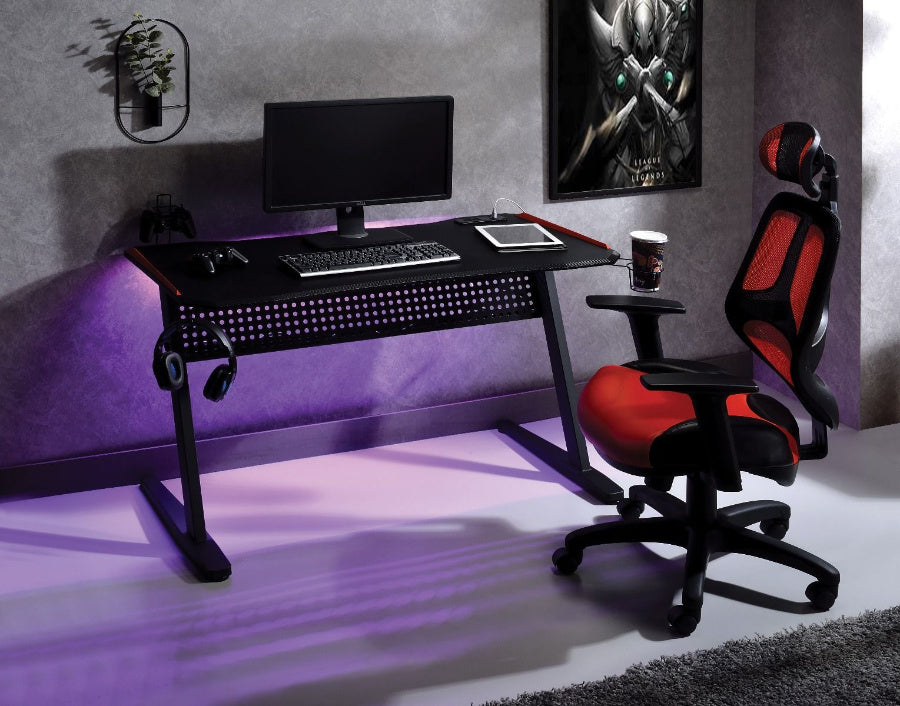 Acme 93125 Dragi black finish metal frame gaming desk table station with LED lights and USB ports and outlets built in