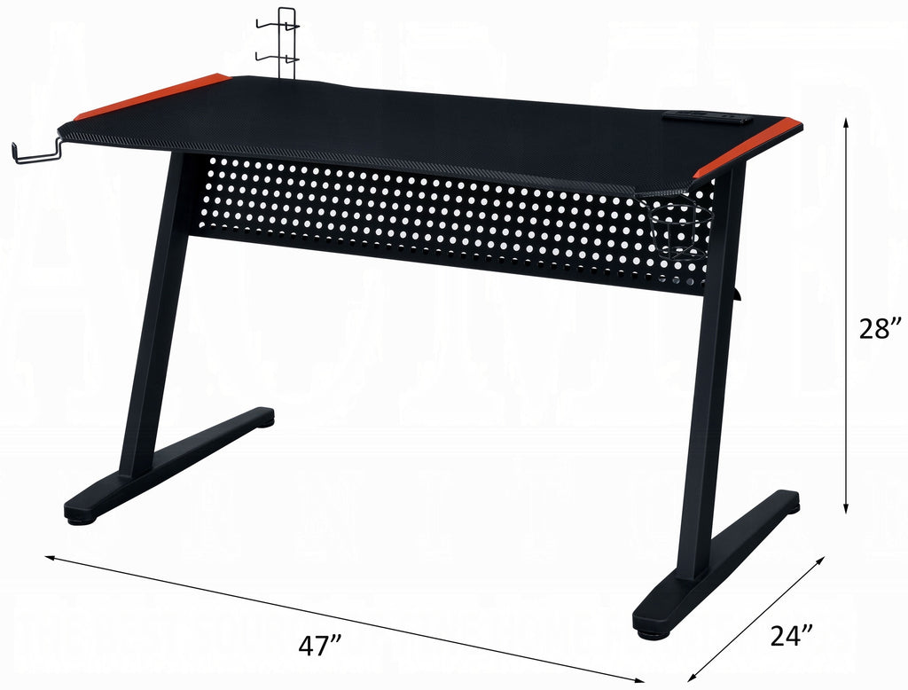 Acme 93125 Dragi black finish metal frame gaming desk table station with LED lights and USB ports and outlets built in