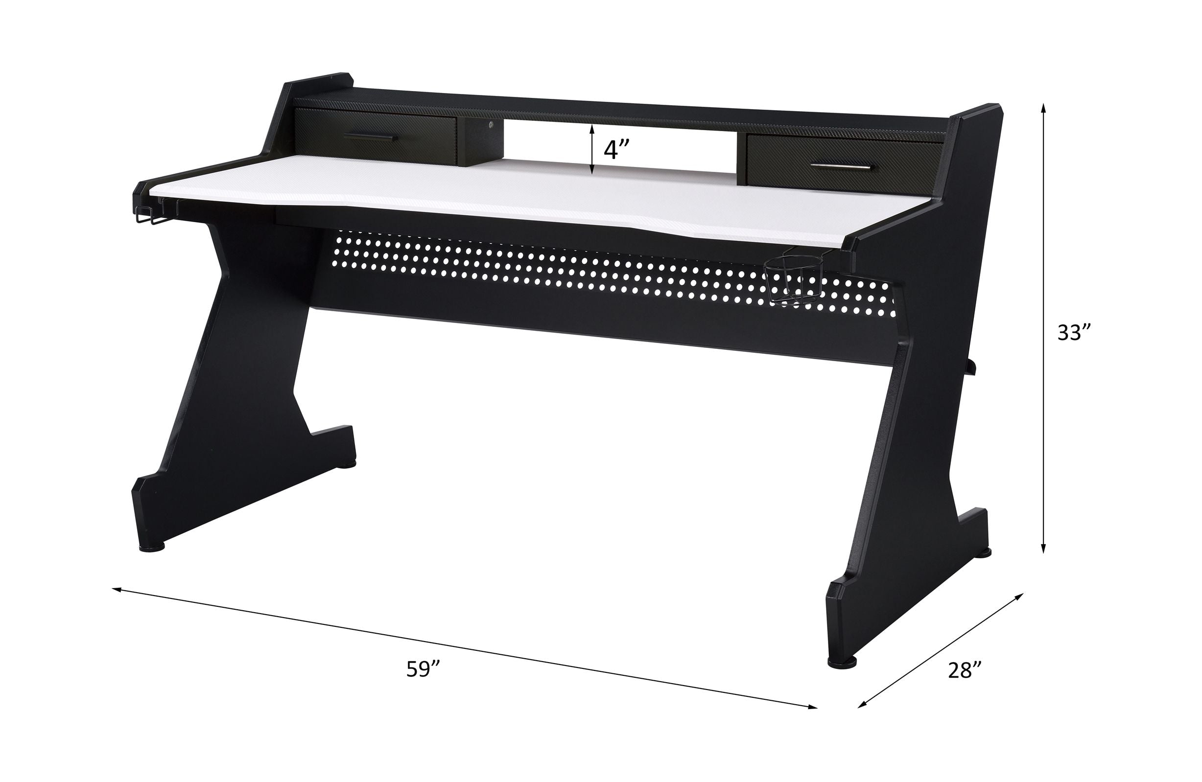 Acme 93129 Bigga black finish metal frame white top gaming desk table station with cup holder and headphone rack