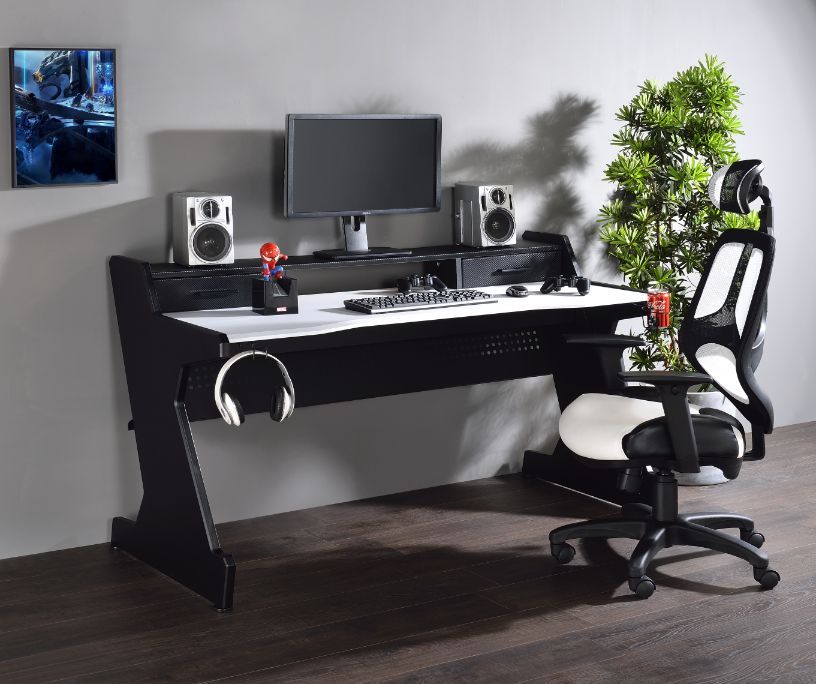 Acme 93129 Bigga black finish metal frame white top gaming desk table station with cup holder and headphone rack