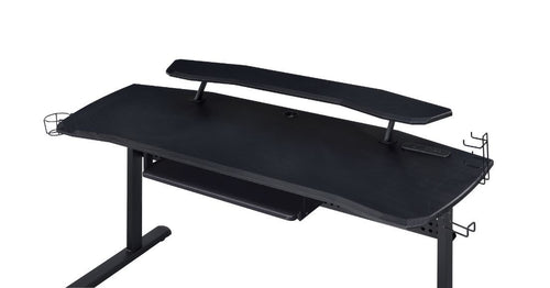 Acme 93132 Vildre black finish metal frame black top LED gaming desk table station cup holder headphone rack USB and plugs