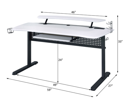 Acme 93134 Vildre black finish metal frame white top LED gaming desk table station cup holder headphone rack USB and plugs