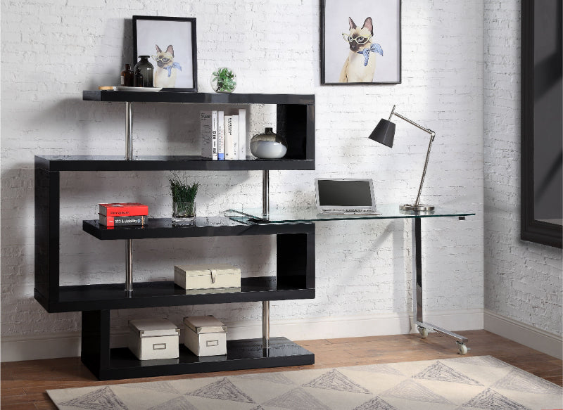 Acme 93177 Buck II black high gloss finish wood writing desk with swivel glass top and attached bookcase