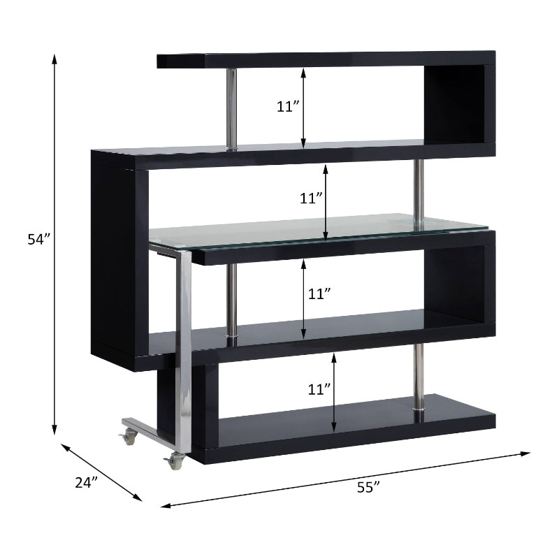 Acme 93177 Buck II black high gloss finish wood writing desk with swivel glass top and attached bookcase
