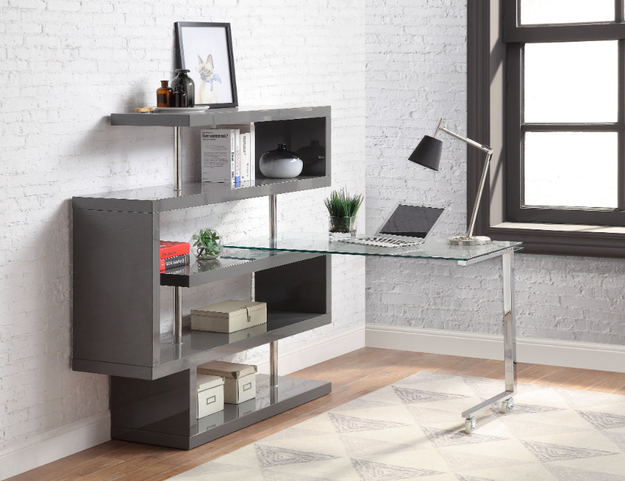 Acme 93181 Buck II grey high gloss finish wood writing desk with swivel glass top and attached bookcase