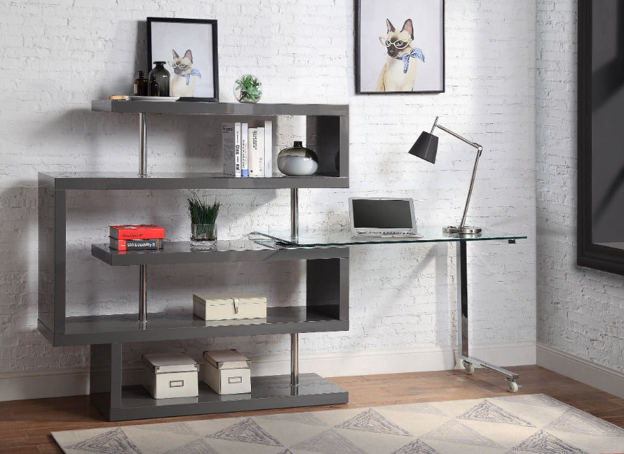 Acme 93181 Buck II grey high gloss finish wood writing desk with swivel glass top and attached bookcase