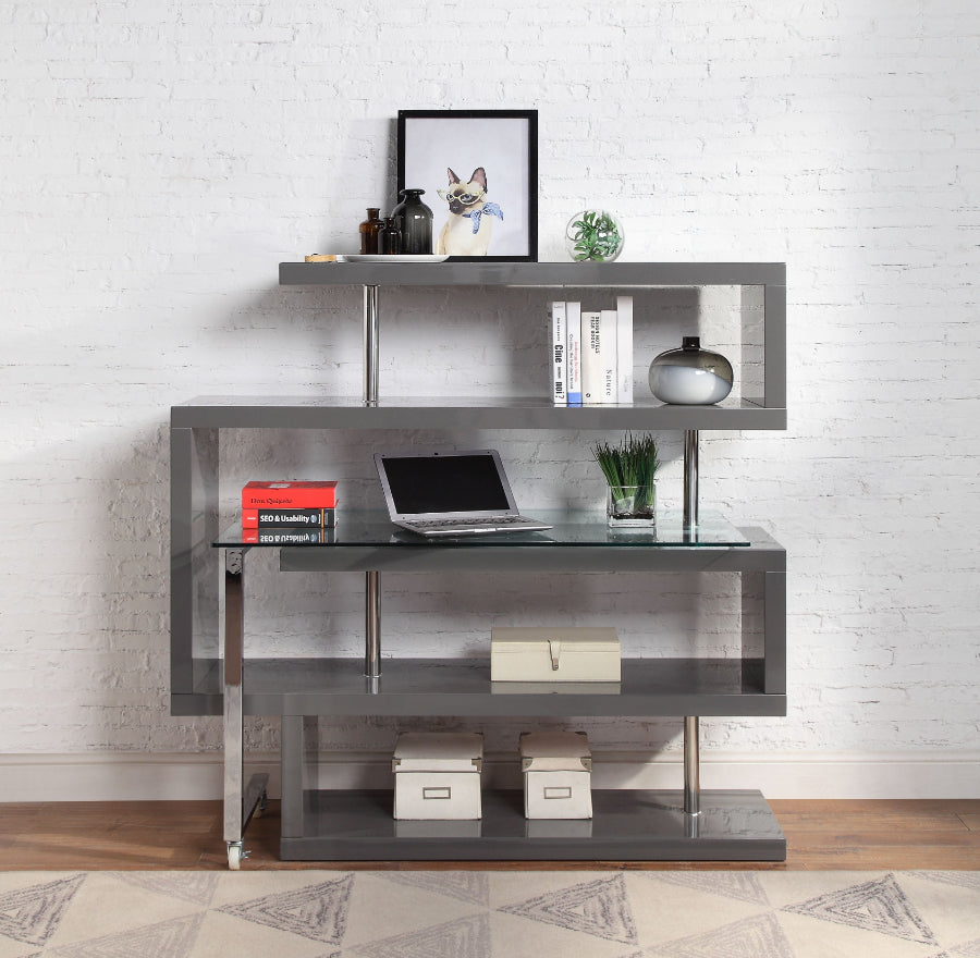 Acme 93181 Buck II grey high gloss finish wood writing desk with swivel glass top and attached bookcase
