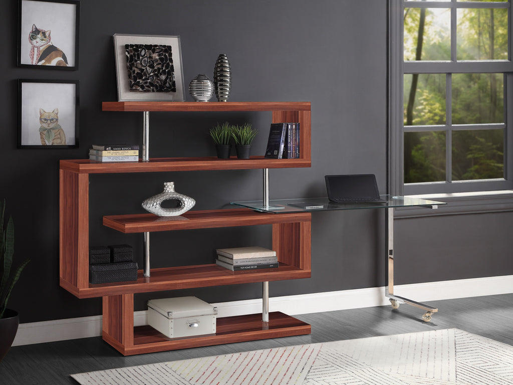 Acme 93183 Buck II walnut finish wood writing desk with swivel glass top and attached bookcase