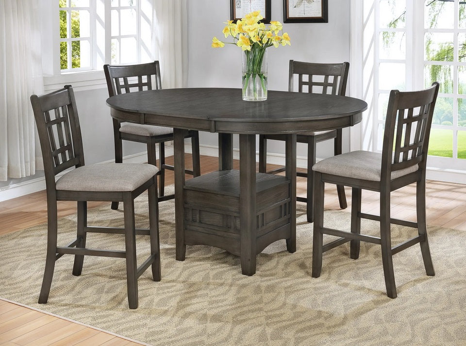 Asia Direct 9343 5 pc grey finish wood 42" round / 60" oval counter height dining table set fabric seats
