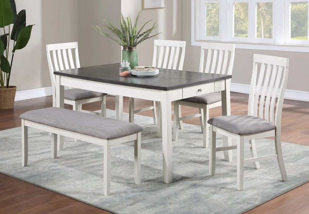 Asia Direct 9345 6 pc charcoal grey top and white finish wood dining table set with bench