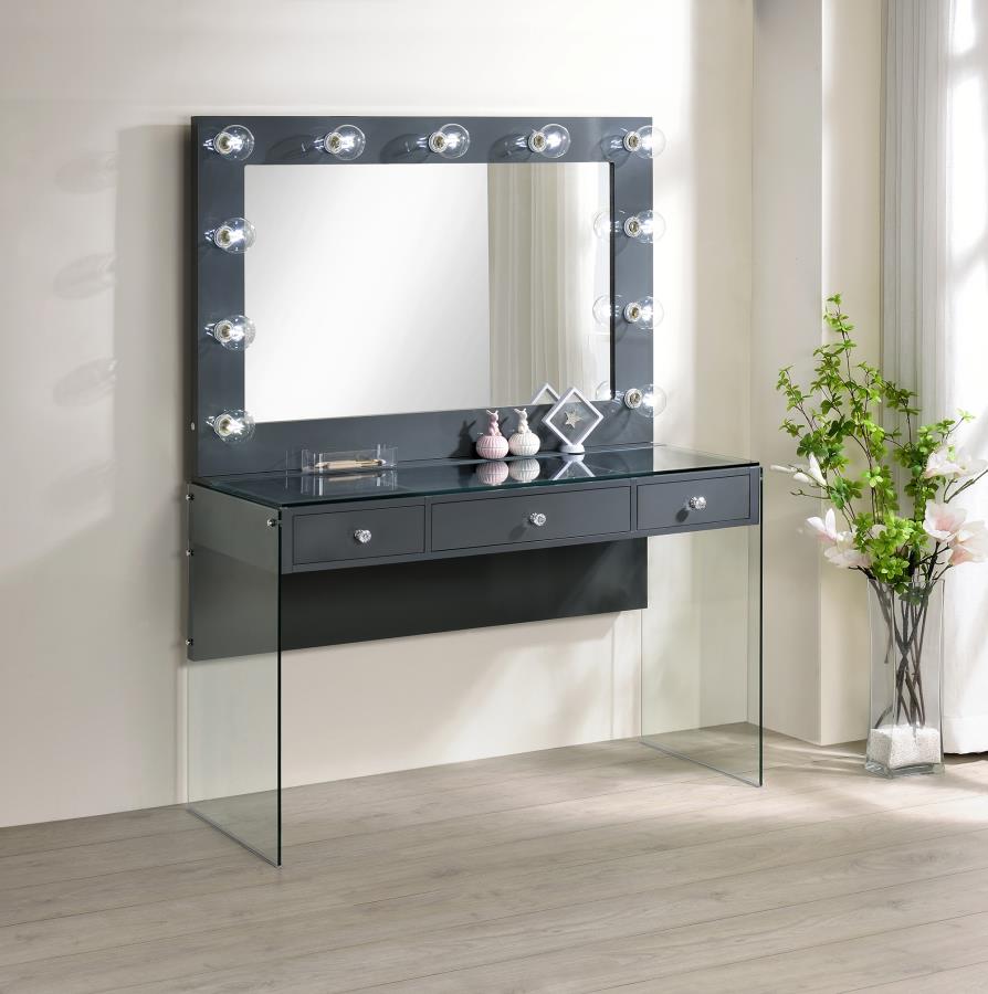 Coaster 935923-24 3 pc Latitude run azazel grey high gloss finish wood and clear glass legs make up bedroom vanity set with light up mirror