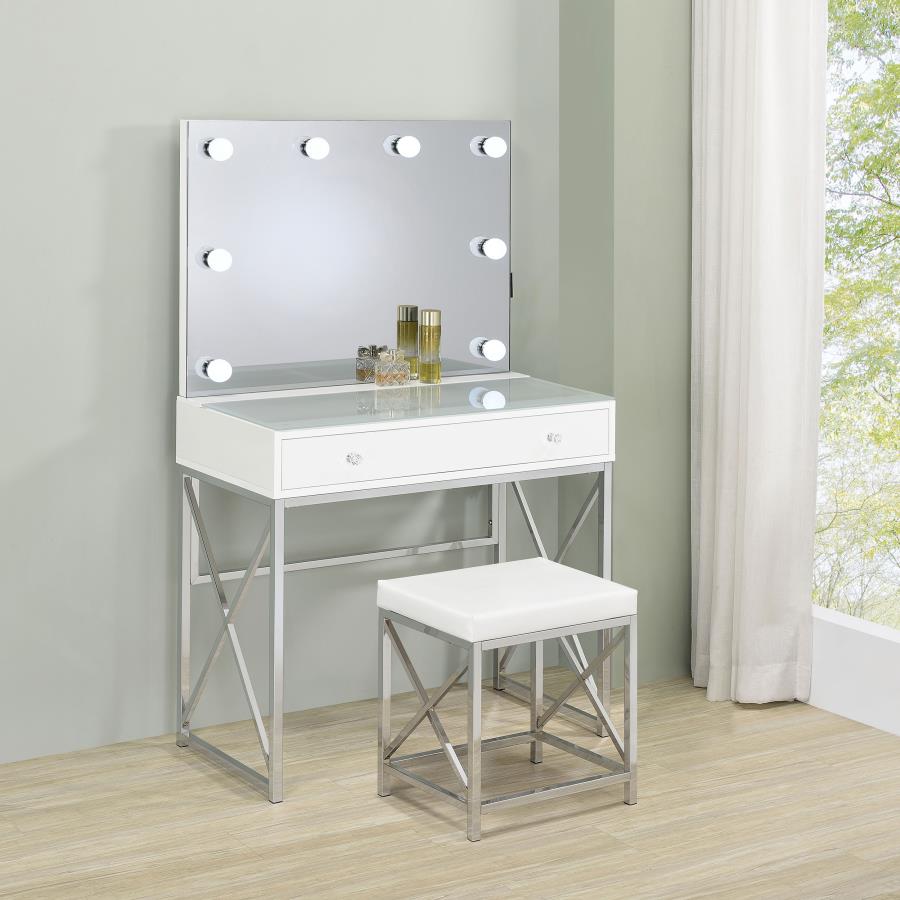 Eliza White and Chrome Makeup Vanity Set with Lighted Mirror and Stool – 936164
