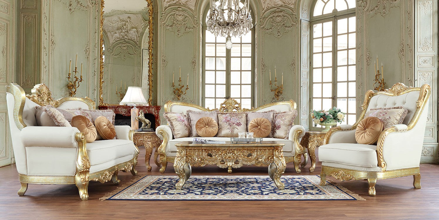 HD-93630-3PC Two tone ornate metallic antique gold and white leather High back Sofa , love and chair living room set