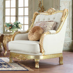 HD-93630-3PC Two tone ornate metallic antique gold and white leather High back Sofa , love and chair living room set