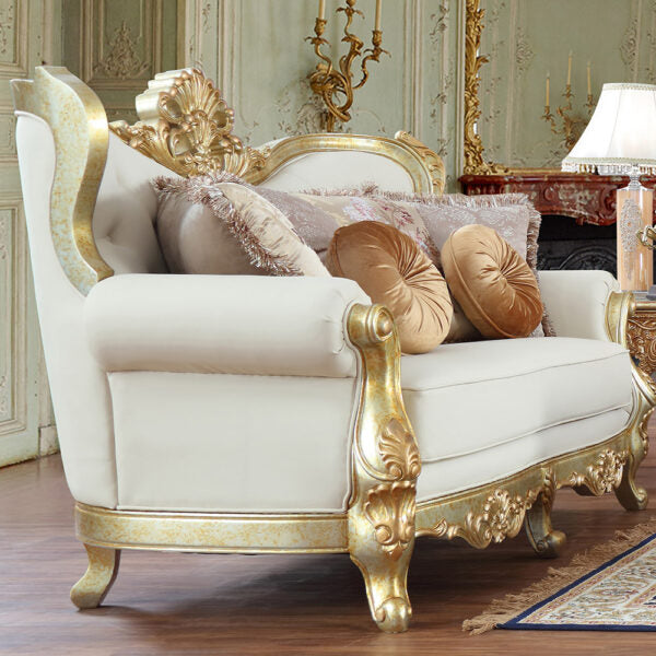 HD-93630-3PC Two tone ornate metallic antique gold and white leather High back Sofa , love and chair living room set