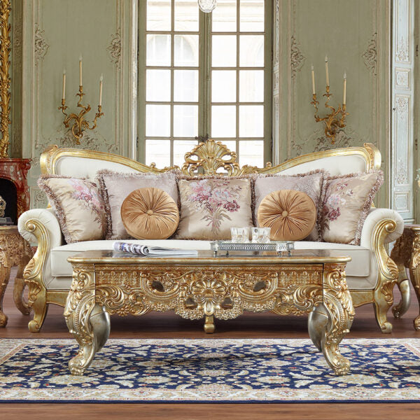 HD-93630-3PC Two tone ornate metallic antique gold and white leather High back Sofa , love and chair living room set