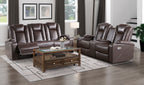 Homelegance 9366DB-2PWH 2 pc Caelan dark brown premium faux leather power motion reclining sofa and love seat set diamond pattern