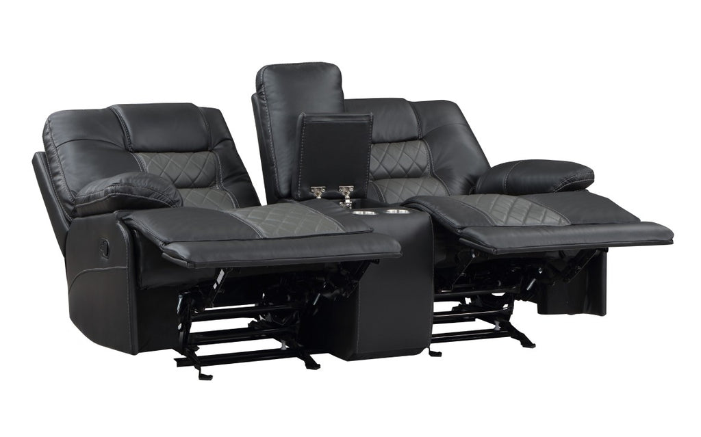 Fabian Black & Gray Faux Leather Recliner Sofa & Loveseat Set with USB & Diamond Stitching – 9388GRY-2PC