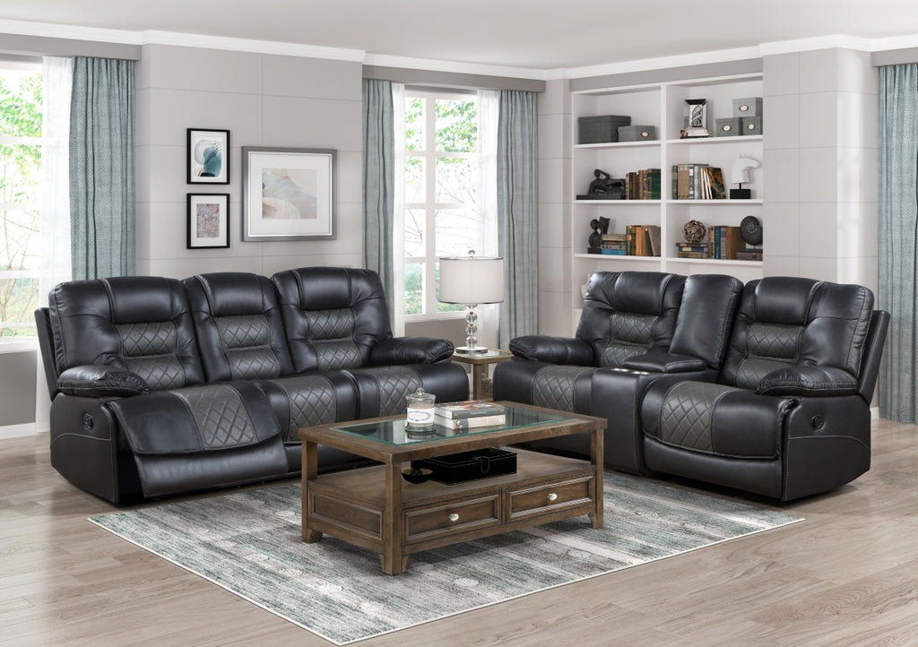 Fabian Black & Gray Faux Leather Recliner Sofa & Loveseat Set with USB & Diamond Stitching – 9388GRY-2PC