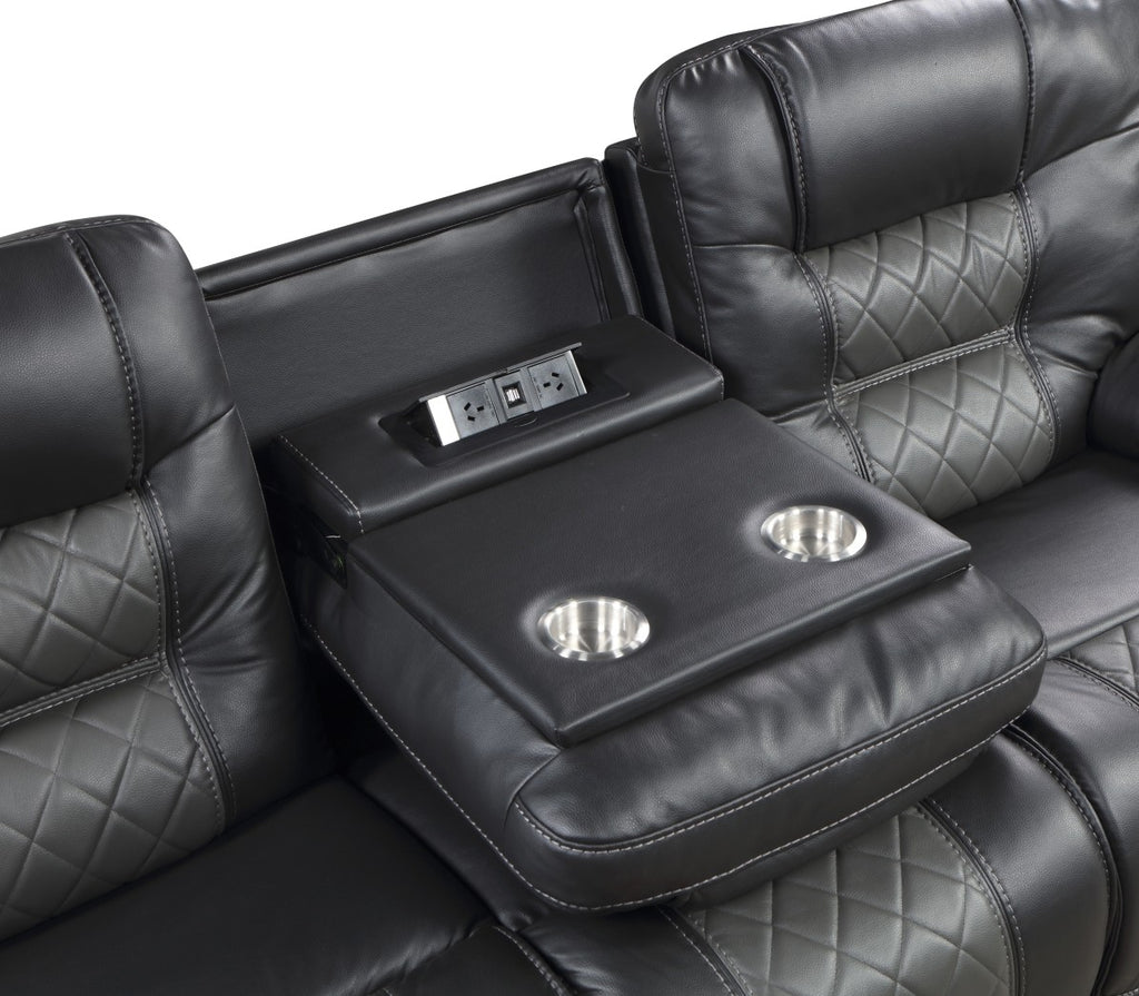 Fabian Black & Gray Faux Leather Recliner Sofa & Loveseat Set with USB & Diamond Stitching – 9388GRY-2PC