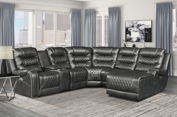 Homelegance 9405BR-6LRRC 6 pc Putnam brown diamond pattern polished microfiber sectional sofa with power recliners and chaise