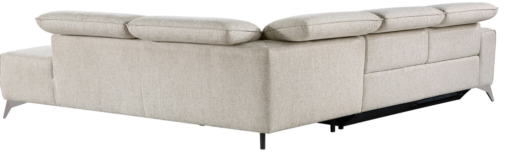 9414-SCPW Adahlia sand hued chenille fabric sectional sofa with RAF chaise and LAF power recliner