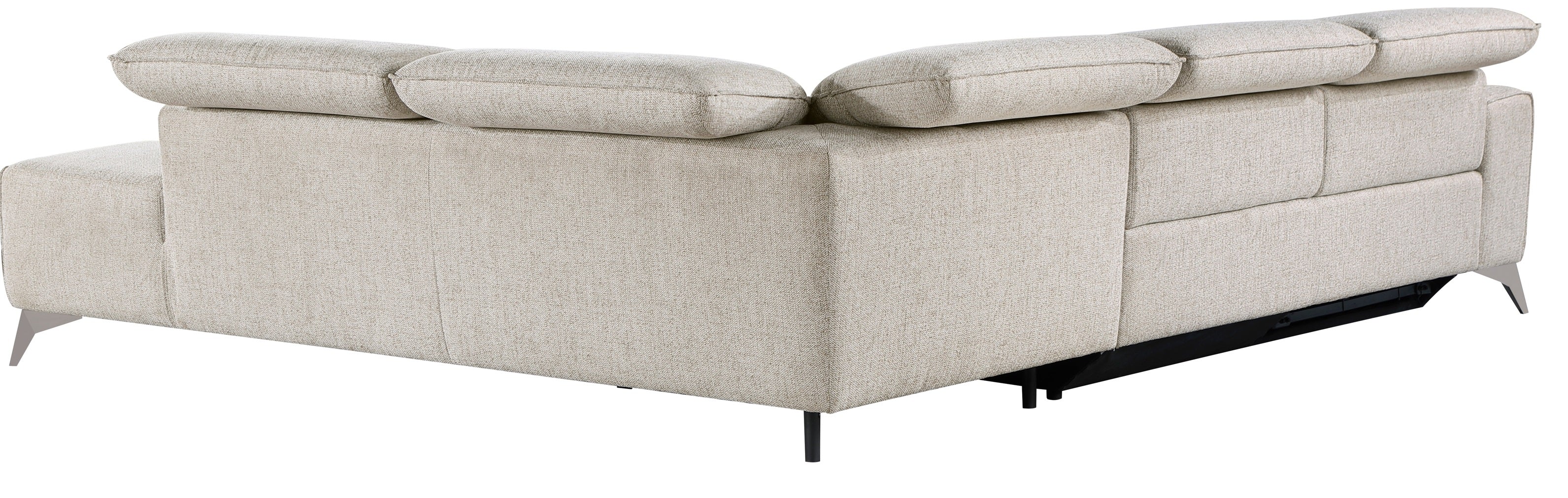 9414-SCPW Adahlia sand hued chenille fabric sectional sofa with RAF chaise and LAF power recliner