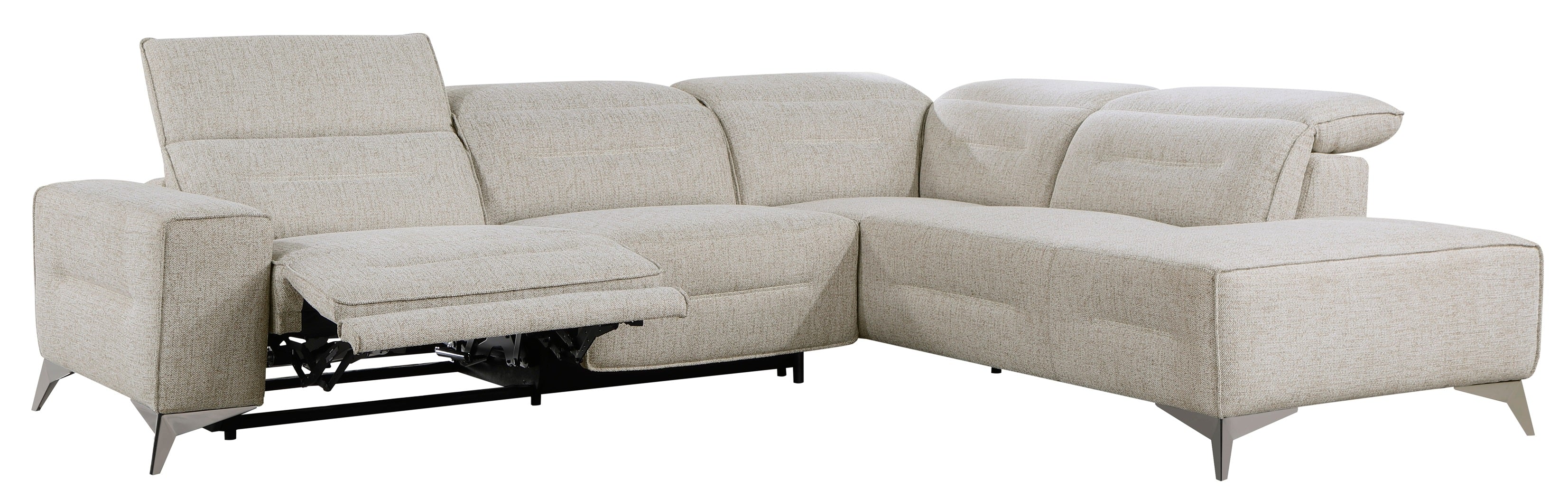 9414-SCPW Adahlia sand hued chenille fabric sectional sofa with RAF chaise and LAF power recliner
