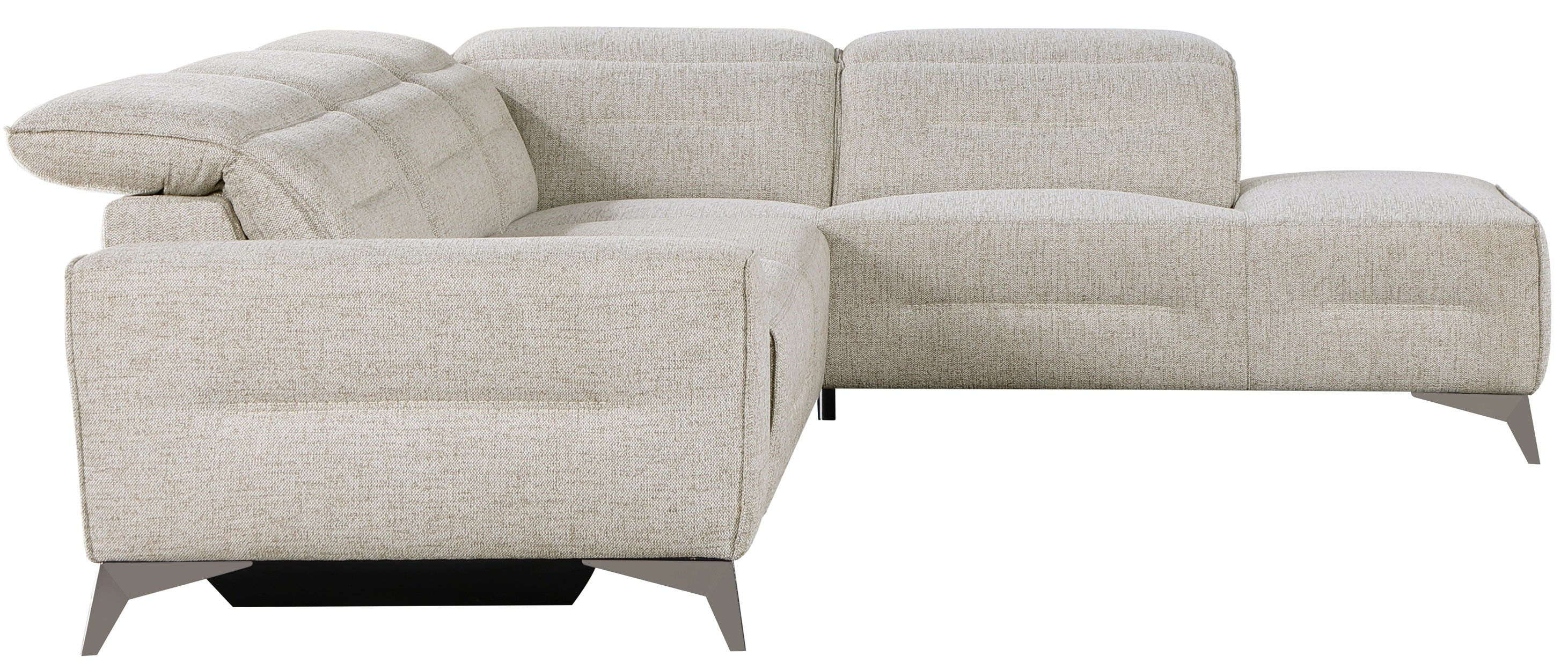 9414-SCPW Adahlia sand hued chenille fabric sectional sofa with RAF chaise and LAF power recliner