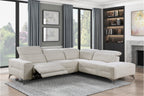 9414-SCPW Adahlia sand hued chenille fabric sectional sofa with RAF chaise and LAF power recliner