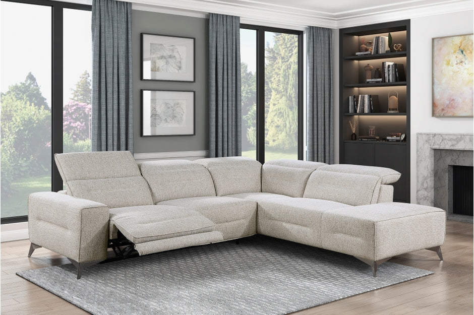 9414-SCPW Adahlia sand hued chenille fabric sectional sofa with RAF chaise and LAF power recliner