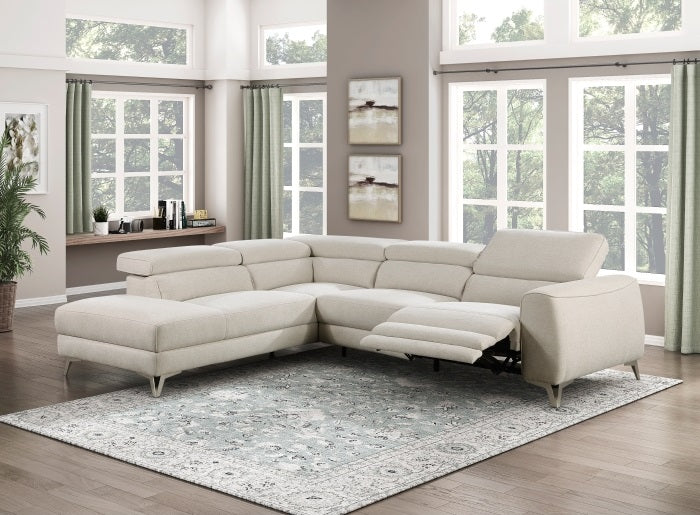 9415-SCPW Bienvenue beige textured fabric sectional sofa with LAF chaise and RAF power recliner