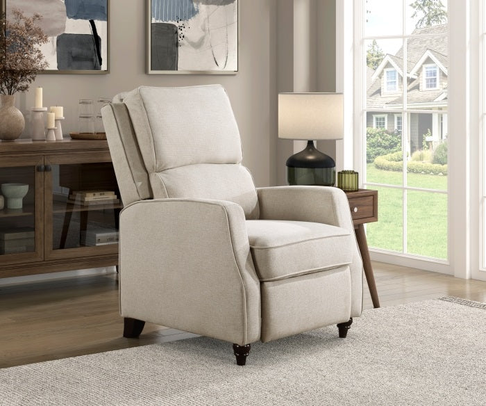 Homelegance 9418BE-1 Loveland beige textured fabric push back recliner chair dark brown turned wood legs