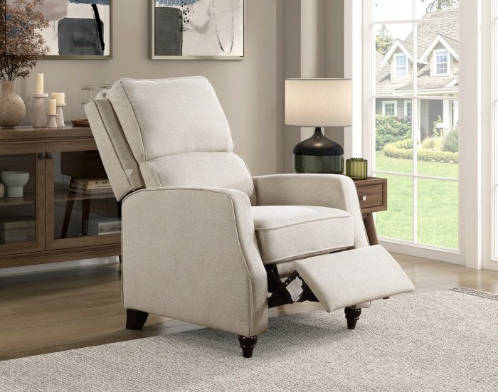 Homelegance 9418BE-1 Loveland beige textured fabric push back recliner chair dark brown turned wood legs
