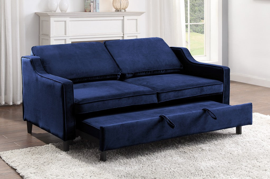 Homelegance 9428NV-3CL Winston porter Adelia navy velvet fabric sofa with pop up sleep area and fold down back