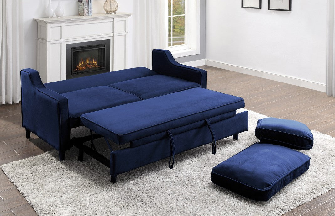 Homelegance 9428NV-3CL Winston porter Adelia navy velvet fabric sofa with pop up sleep area and fold down back