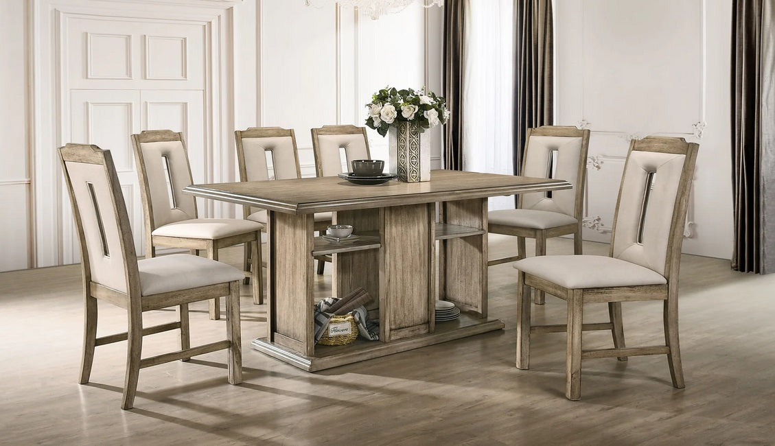 9432-7PC 7 pc Light golden brown finish wood dining table set fabric key hole back chairs