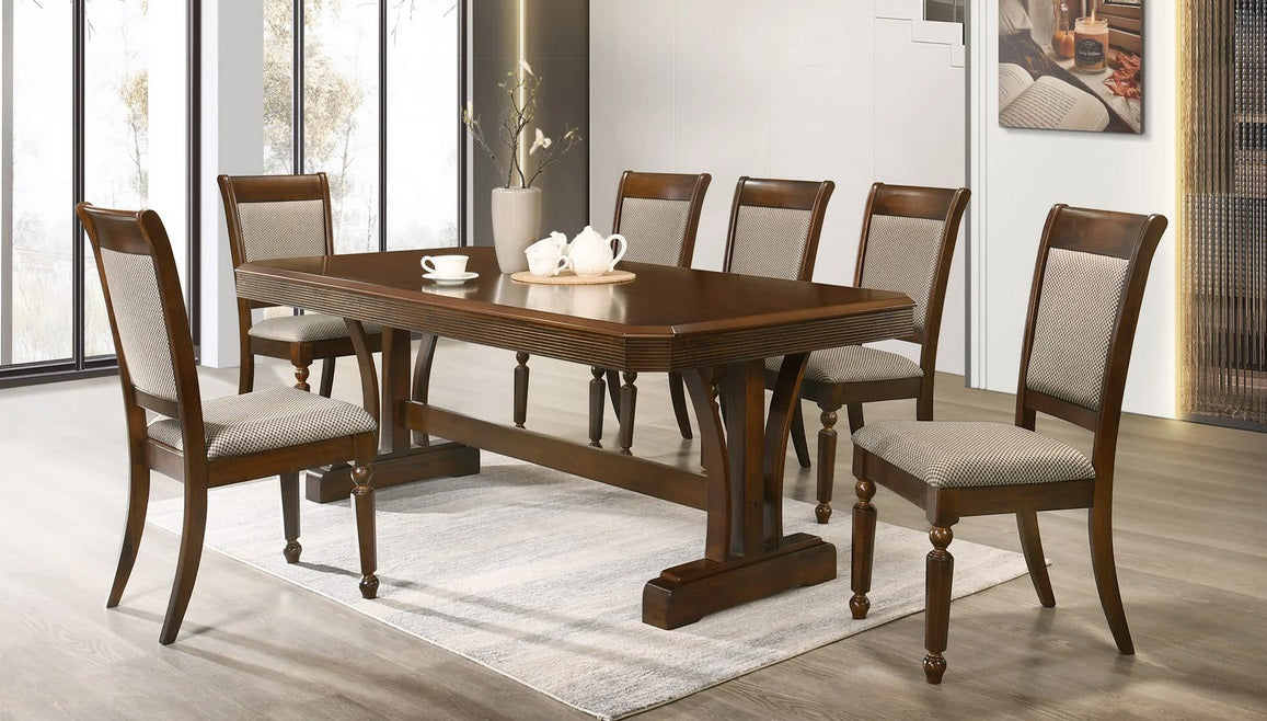 9436-7PC 7 pc Cherry brown finish wood trestle base dining table set fabric back chairs